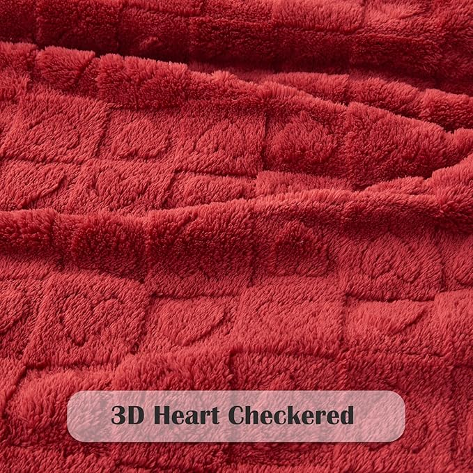 NEWCOSPLAY Super Soft Twin Blanket Red Premium Silky Flannel Fleece 3D Heart Checkered Lightweight Bed Blanket All Season Use (Red Heart, Twin(60"x80"))