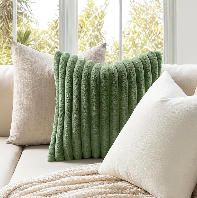 MIULEE Faux Fur Decorative Throw Pillow Covers 18x18 Inch Set of 2, Modern Spring Home Decor Soft Plush Couch Pillows Cozy Fluffy Cushion Covers for Sofa Bed Moss Green