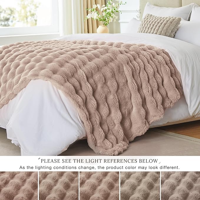EXQ Home Fluffy Faux Rabbit Fur Throw Blanket for Couch, Soft Luxury Bubble Double Sided Plush Blanket, Cozy Thick Warm Fuzzy Decorative Blanket for Bed Chair Sofa Living Room,50"X60"(Brown)