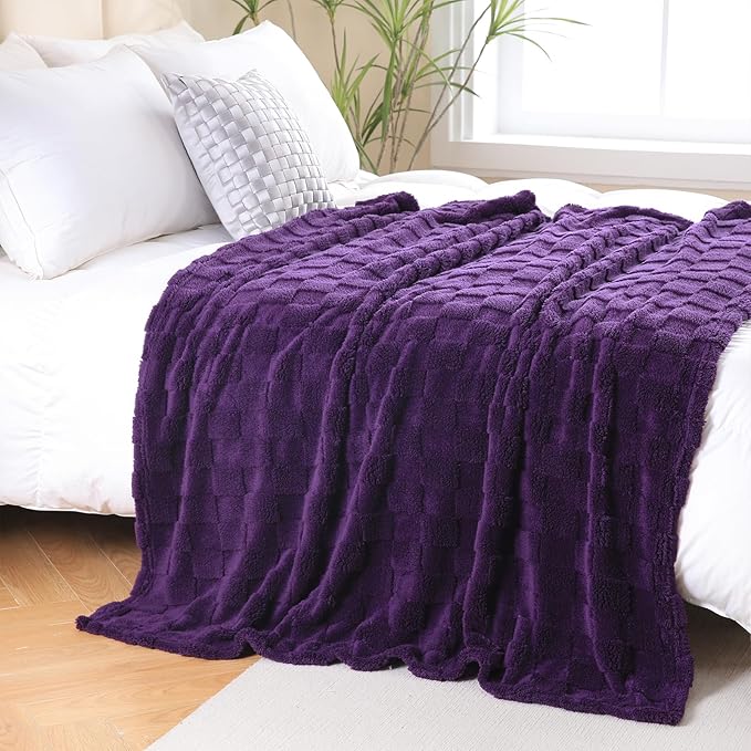 Deep Purple Fleece Throw Blanket 108”×90” for Couch Sofa Bed,Super Soft Cozy Plush Microfiber Flannel Blanket with 3D Checkered Design Lightweight for Adults,Woman,Girls