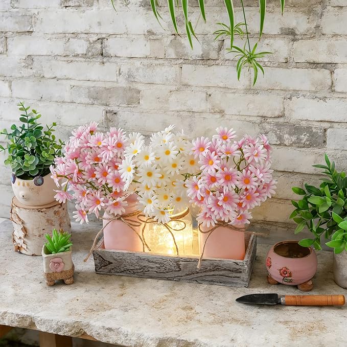 Mason Jar Lights Centerpiece Table Decor for Dining Room – Farmhouse Wood Tray with 3 Jars, Pink & White Daisy Flowers, Valentines Day & Wedding Decoration for Coffee Table, Kitchen, Living Room