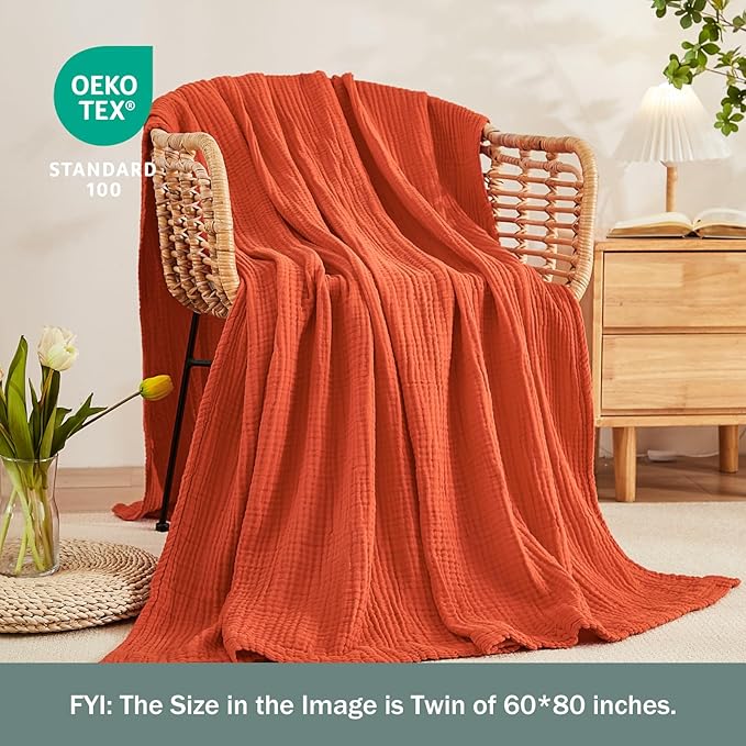 EMME Cotton Muslin Twin XL Blanket Breathable Gauze Soft Lightweight Adults Gifts for Women (Heather Orange Rust, 66"x90")