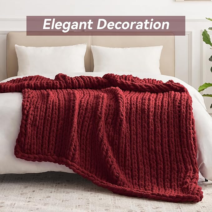 Chunky Knit Throw Blanket, 60''*80'' Knitted Throw Chenille Yarn for Bed Couch, Handmade Red Crochet Big Thick Blanket, Machine Washable Cute Comfy Blanket for Home Decor