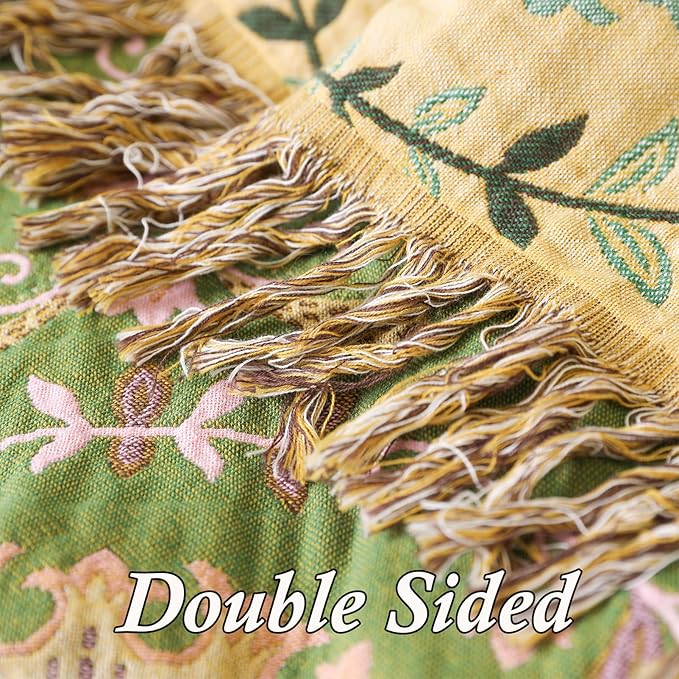Snycler Boho Throw Blanket 91"x98" - 100% Cotton Ultra Soft Rustic Quilt, Green Floral Printed Farmhouse Decor for Bed, Sofa, Couch, Chair - All Season Cozy Blanket
