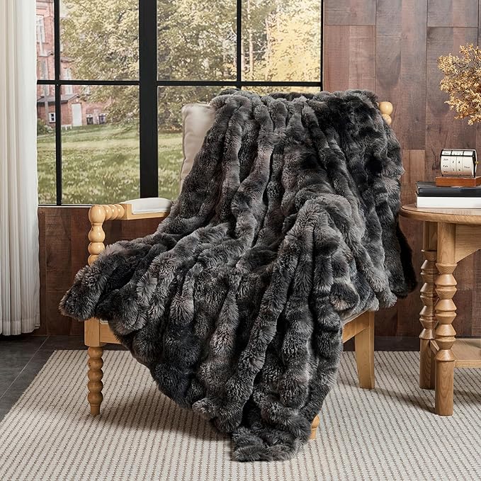 Lotus Karen Faux Fur Throw Blanket Tie-Dye Dark Gray - Big Bubble Rabbit Fluff Blanket for Couch, Small Fluffy Fuzzy Cozy Blanket, Thick Furry Plush Shaggy Blankets, 50x60 Inches