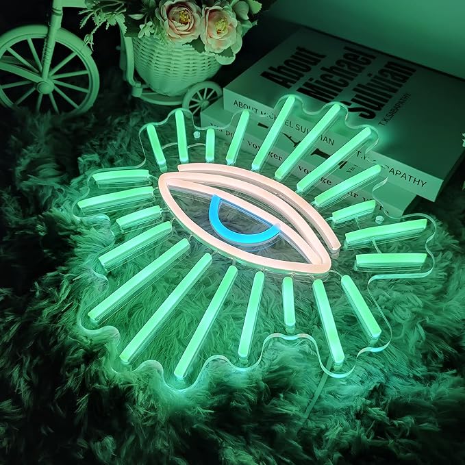 Evil Eyes Neon Signs for Wall Decor, Dimming LED Green Goth Eyes Neon Signs, Bohemian Wall Decor Witchy Decor USB Neon Wall Signs for Bedroom Meditation Decor Charm Gift Unique Home Christmas Gift(11.8x13in)