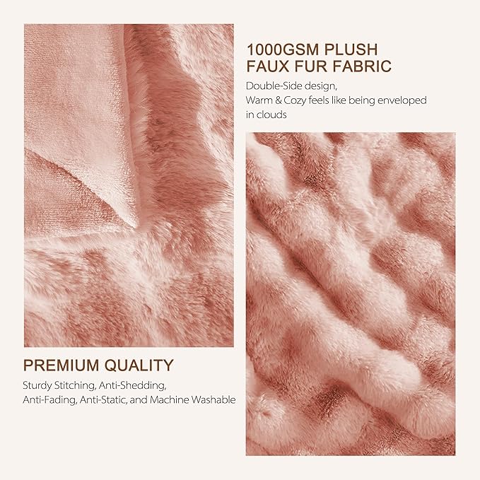 Luxury 1000GSM Faux Rabbit Fur Throw Blanket, Super Heavy Warm Cozy Blankets for Couch Bed Sofa, Bubble Plush Fuzzy Elegant Soft Reversible Mink Blanket for Living Room Bedroom, Pink