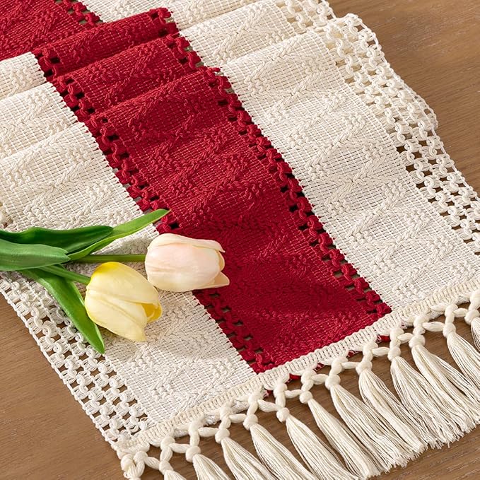 Socomi Boho Table Runner Macrame Long Easter Spring Farmhouse Woven Cotton Linen Rustic Coffee Table Runner with Tassels for Dresser Scarf Home Decor Dining Room 12x108 in Red Ivory