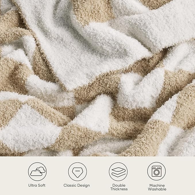 Snuggle Sac Checkered Throw Blanket for Couch, Super Soft, Cozy Warm Knit Blankets, Reversible Fluffy Checker Throws for Sofa, Bed, Checkered Beige, 50x60 Inches