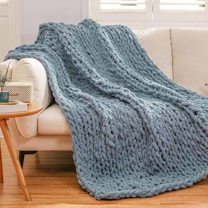 WESHIONGOO Chunky Knit Blanket Throw 51"×63" Knitted Throw Blankets for Couch Bed Fluffy Soft Blanket with Jumbo Chenille Yarn Thick 100% Handmade(Dusty Blue)