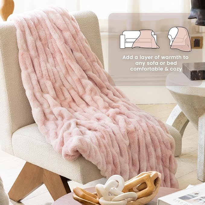 Ultra Soft Faux Rabbit Fur Throw Blanket, Cozy Fuzzy Blanket for Couch Bed, Plush Warm Decor Gifts, Luxury Thick Fluffy Blanket for Women,50x60 inches, Tie-Dyed in Pink