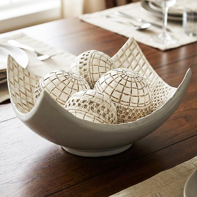 Seraphic 5pc Scoop Bowl Table Centerpieces for Dining Room, Large Decorative Bowls for Coffee Table Decor, Kitchen, Orbs/Balls Included, 14" diagonal. 11" wide and 5.75" tall, White