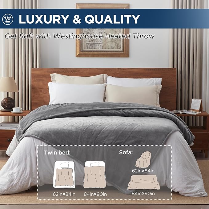 Westinghouse Electric Blanket King Size, Super Cozy Soft Flannel 100"" x 90"" Heated Blanket with 10 Fast Heating Levels & 1-12 Auto-Off, Machine Washable, ETL&FCC Certification, Light Grey