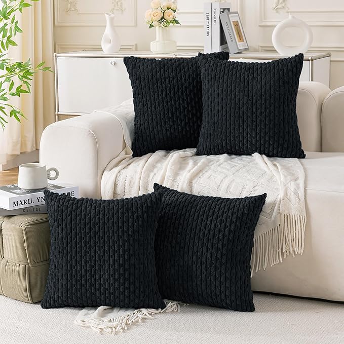 Set of 4 Black Decorative Throw Pillow Covers 16x16 Inch Corduroy Pillow Covers for Bed Couch Sofa Living Room Soft Square Cushion Cases