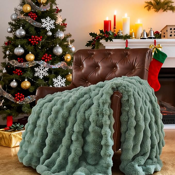 Lotus Karen Faux Fur Throw Blanket Sage Green - Big Bubble Rabbit Fluff Blanket for Couch Bed Sofa,Softest Fluffy Fuzzy Cozy Blanket, Plush Thick Furry Shaggy Warm Blankets for Women,50x60 Inches
