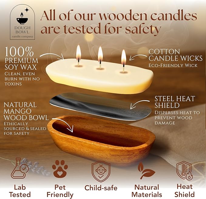 Dough Bowl Candle Co. Sandalwood Soy Candle - 6 Wick Rustic Farmhouse Decor Odor Eliminator in Wooden Bowls, 32 Ounce Wooden Dough Bowl Candle, All-Natural Gifts for Women and Men, Coffee Table Decor