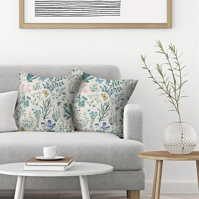 AEIOAE Spring Pillow Covers 24x24 Inch Set of 2,Blue Teal Wild Flower Plant Throw Pillows Case,Seasonal Floral Outdoor Decorative Square Linen Farmhouse Decor Cushion Covers for Home Sofa Bed Couch