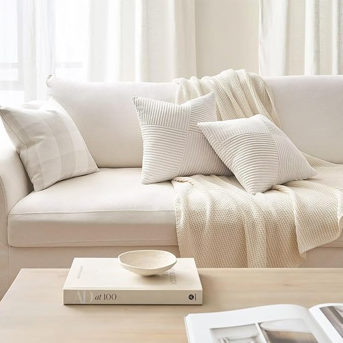 Topfinel 24x24 inches Pillow Covers Set of 2 Cream White Corduroy Decorative Throw Pillow Covers for Sofa Couch Bed, Windmill Textured Striped Patchwork Couch Spring Pillow Case 60x60 cm
