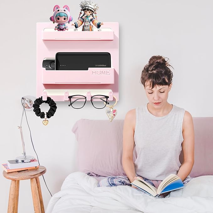 Bedside Shelf Wall Mount,Floating Bedside Adhesive Shelves Accessories,Wall Shelf Organizer and Storage for Bedroom,Camper,Dorm,Apartment-Phone,Earphone,Kindle,Remote Holder,Cable Clip,4 Hooks-Pink