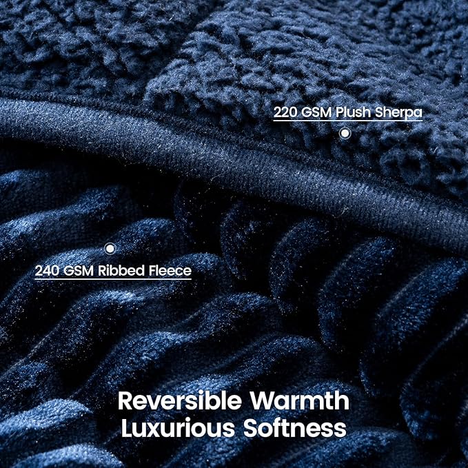 Sherpa Fleece Adult Weighted Blanket 20lbs with Ribbed Stripes, Dual Sided Fuzzy Warm Blanket for Couch Bed Sofa, Heavy Thick Blankets with Glass Beads Great for Sleep, Navy Blue, 60" x 80"