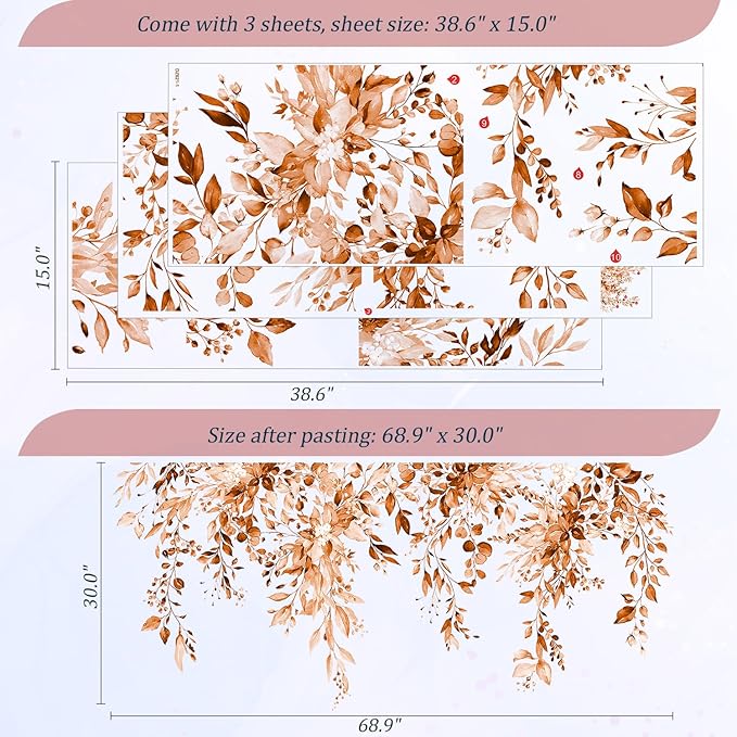 Orange Plants Leaves Wall Decals Peel and Stick, Large Floral Flowers Vinyl Wall Stickers, Removable Vine Home Decor Art for Bedroom Living Room Classroom Office