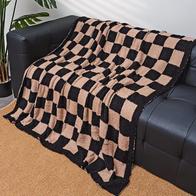 Soft Checkered Throw Blanket, Ultra Cozy Knit Throw Blanket Fluffy Fuzzy Reversible Checkerboard Blanket for Travel Couch Sofa Bed Decor, 51x63 inches, Black Brown