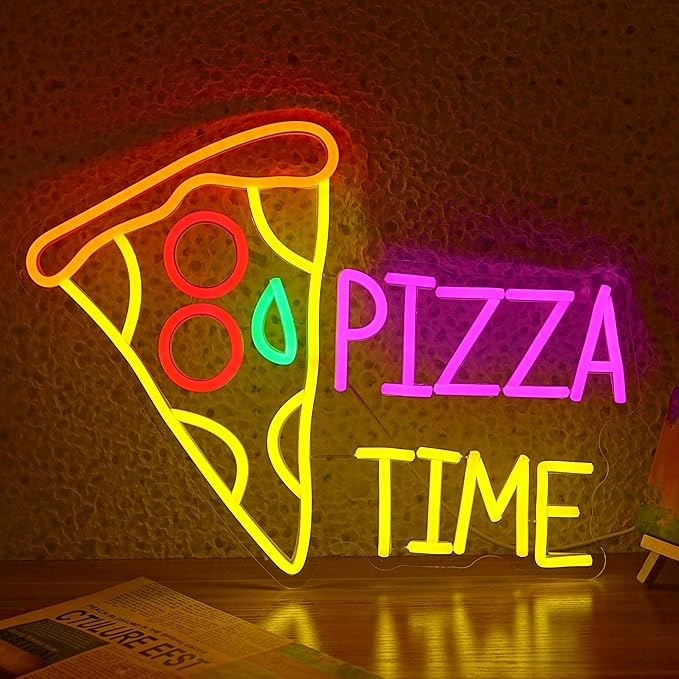 Pizza Time Neon Sign for Wall Decor Delicious Pizza LED Light Sign Dimmable Business Food Neon Light Colorful Pizzeria Neon Light Up Sign for Bars Parties Kitchens Bedrooms