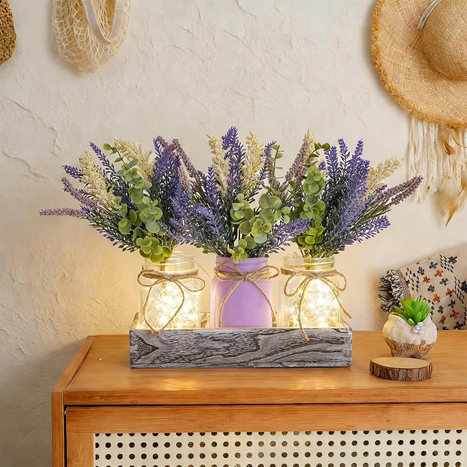 LUEUR Mason Jar Lights Centerpiece Table Decor with Wood Tray – 3 Lighted Glass Jars with Purple Lavender Flowers, Home Decoration for Dining Table, Coffee Table, Kitchen & Living Room