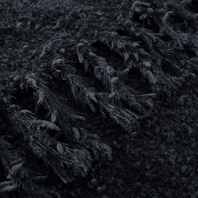 Knit Throw Blanket Fluffy Fuzzy Soft Lightweight Cozy Farmhouse Tassels Chunky Knitted Throws for Couch Sofa Bed (Black, 60"x80")