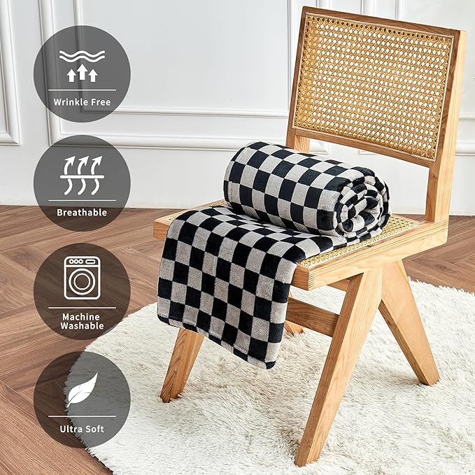 FY FIBER HOUSE Checkered Flannel Fleece Throw Blanket King Size Soft Cozy Checkerboard Grid Print Chessboard Pattern Blankets for Bed Couch Sofa, 90"x108", Black Grey
