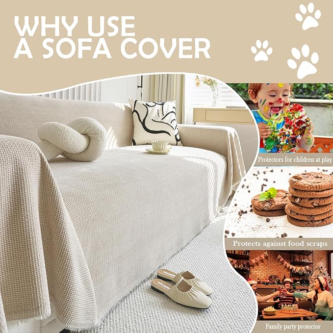 HANDONTIME Corduroy Sofa Cover Light Khaki Slipcover Jacquard Cushion Cover Cozy Kids Protector Chenille for Sectional L Shape Washable, 71" X150"