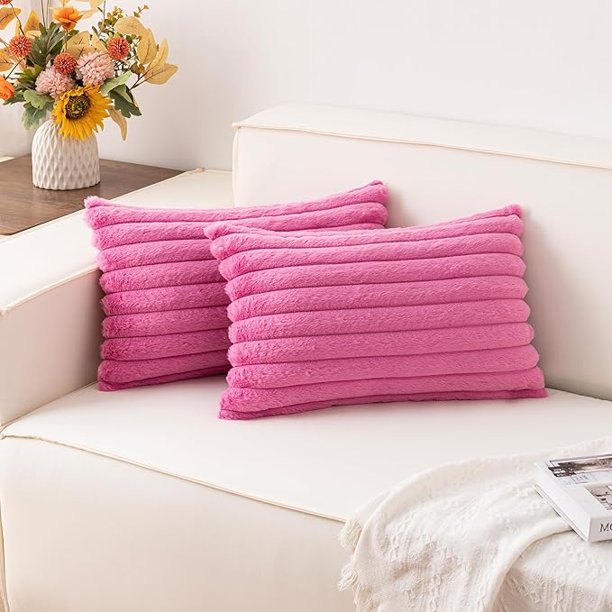 Aegero Pack of 2 Faux Fur Christmas Throw Pillow Covers 12x20 Inch, Soft Plush Striped Neutral Couch Pillow Cover, with Velvet Back Modern Home Decor for Sofa Living Room Couch Bed Hot Pink
