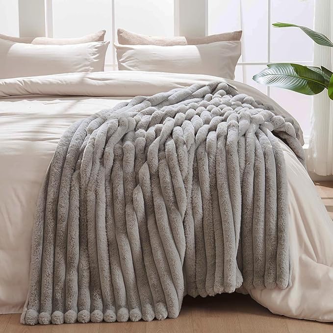 Lotus Karen Faux Fur Throw Blanket - Stripe Faux Rabbit Fur Blanket for Couch, Cozy Soft Fluffy Fuzzy Blanket, Warm Thick Furry Plush Shaggy Small Blankets for Women, Light Gray,50x60 Inches