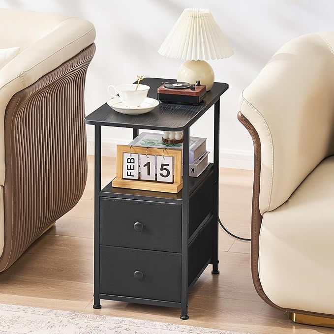 Narrow End Table with Charging Station, Narrow Side Table with 2 Fabric Drawers, Slim Nightstand with LED Light, Small Bedside Table with Storage, Living Room, Bedroom, Black HKET1203BK