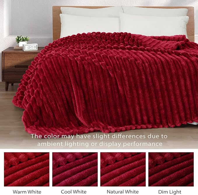 Exclusivo Mezcla Twin Size Flannel Fleece Blanket, Super Soft Striped Jacquard Bed Blanket, Lightweight Fuzzy Cozy for All Seasons, 60x80 Inches, Deep Red