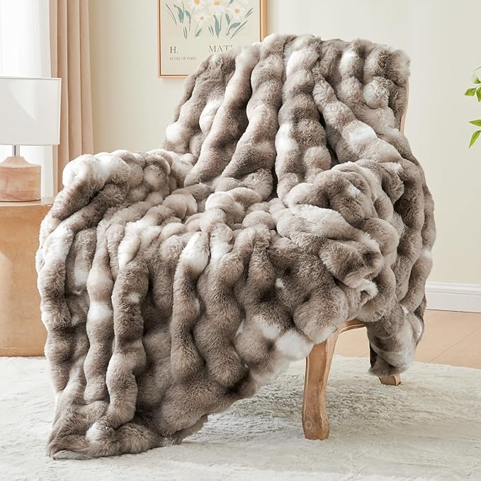 BEDELITE Faux Fur Throw Blanket for Couch, Decorative Tie-Dye Taupe Plush Bubble Blanket - Super Soft & Cozy Fluffy Faux Rabbit Fur Blanket for Women Gift, 50x60 Inches