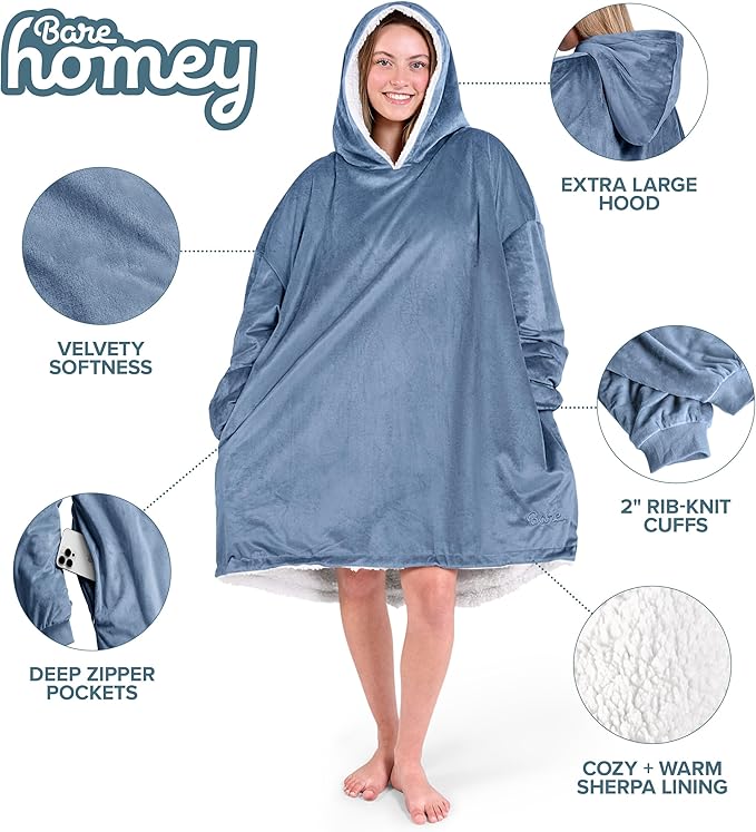 Bare Home Wearable Blanket Hoodie - Soft Plush Sherpa - Warm and Cozy - Oversized Wearable Blanket - Adult & Kid Sizes