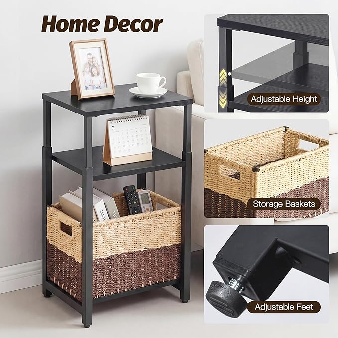 Side Table with Storage Basket, Small End Table with Adjustable Height Design for Living Room, Bedroom Nightstand Bedside Table for Small Spaces (Black)