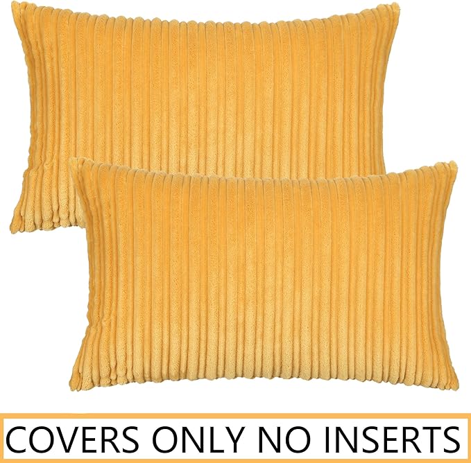 UGASA Pack of 2, Velvet Pillow Covers Striped, Soft Textured Throw Cushion Case Set, Accent Corduroy Lumbar Pillowcases with Hidden Zipper for Home Decor Indoor Outdoor (12"x20", Primrose Yellow)