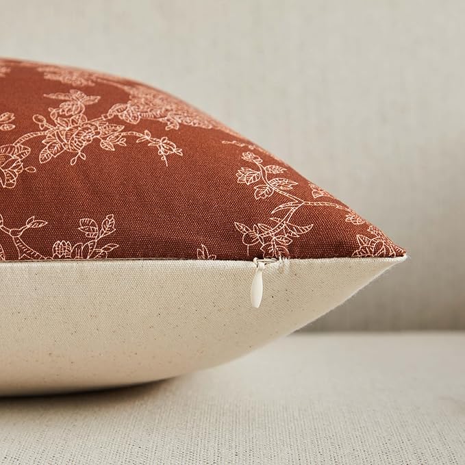 100% Cotton French Pastoral Throw Pillow Covers Set of 2, 18x18 Inch Background/Terracota Farmhouse Decorative Cushion Covers for Sofa Bed Living Room Home Decor