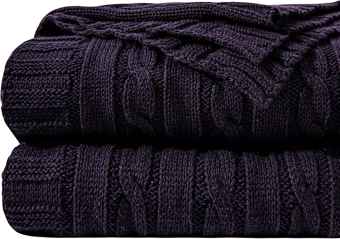 NTBAY 100% Pure Cotton Oversize (60x80) Cable Knit Throw Blanket, Super Soft Warm Knitted Blanket for Bed, Sofa, Chair, Couch - Extra Cozy, Machine Washable, Comfortable Home Decor, Eggplant Purple
