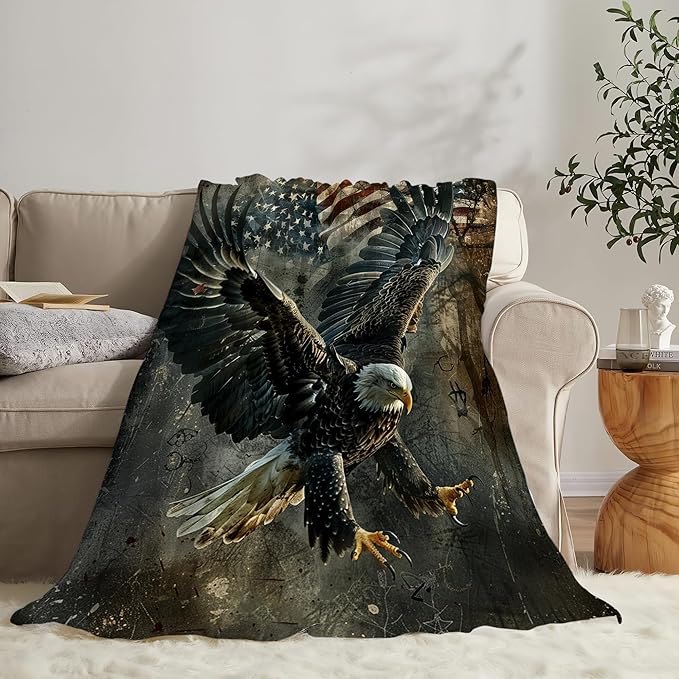 American Eagle Bald Eagle Throw Blanket - Soft, Warm & Cozy Fleece for Couch, Sofa, Bed - 50"x40" - Flag Pattern - Unisex Adults & Kids