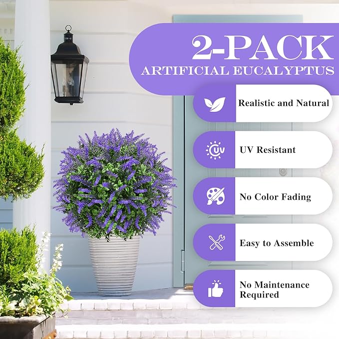 Artificial Topiary Bushes for Outdoors with Spike, Boxwood Ball Fake Shrubs UV Resistant Faux Plants for Indoor Outdoor Fall Thanksgiving Halloween Decor (Lavender Boxwood Purple-2 Packs)