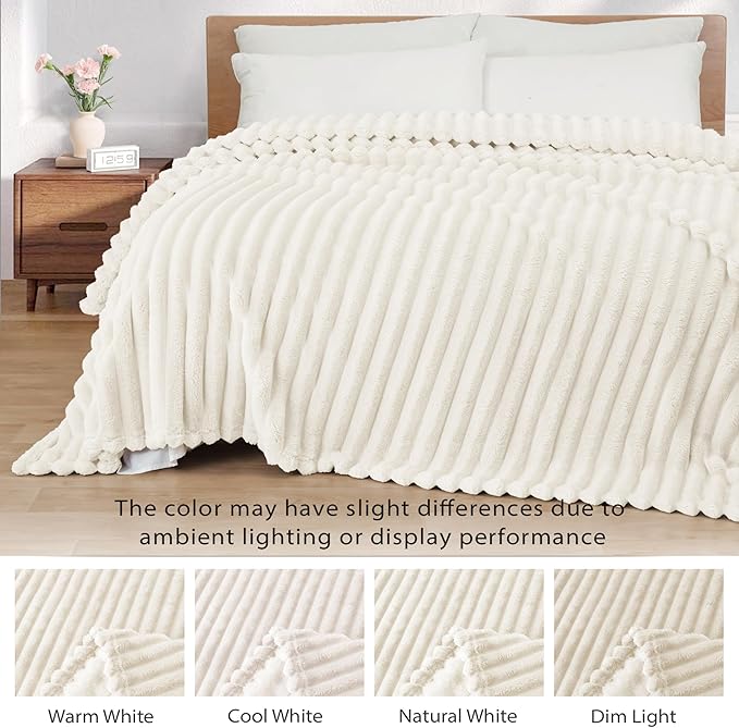 Exclusivo Mezcla California King Size Flannel Fleece Blanket, Super Soft Striped Jacquard Bed Oversized Blanket, Lightweight Fuzzy Cozy for All Seasons, 120x120 Inches, Ivory