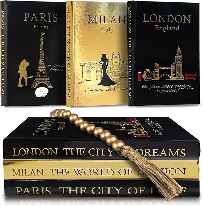 SIMPLIFY ASTHETIC - Decorative Books Set of 3 with Golden Garland Bead - Decorative Books for Coffee Table, Home Decor - Designer Books Decor Set - Faux Books for Bookshelf