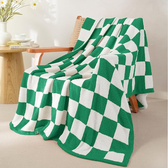 Whale Flotilla Checkered Knit Throw Blanket, Ultra Soft Warm Reversible Cozy Decorative Blankets for Couch Sofa and Bed, 50x60 Inch, Green