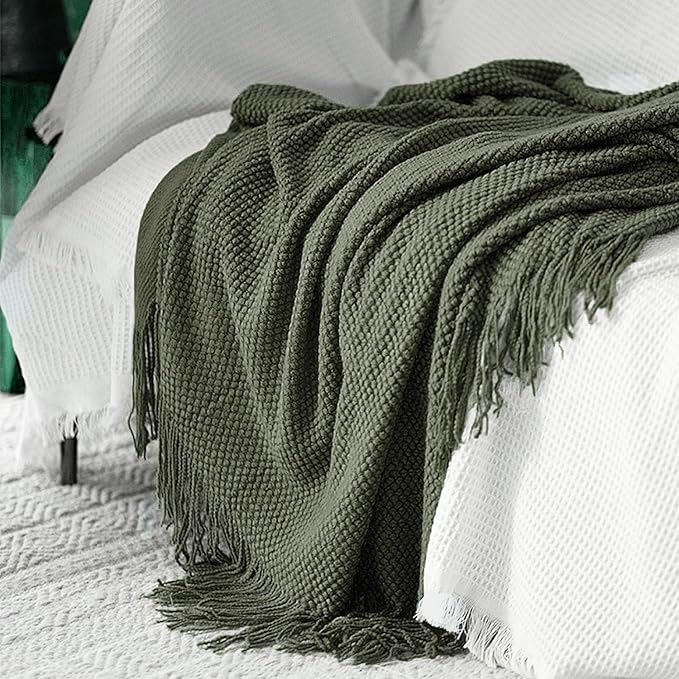 LOMAO Knitted Throw Blanket with Tassels Bubble Textured Lightweight Throws for Couch Cover Home Decor (Dark Olive, 50x60)