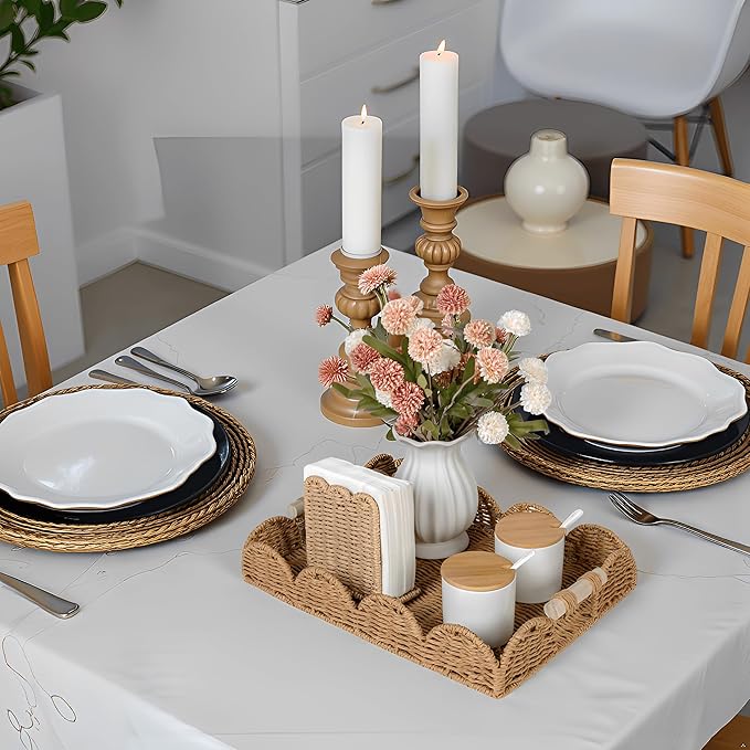 CubesLand Rectangle Scalloped Decorative Centerpiece Tray for Coffee Table, Home Decor, Living Room - Neutral Tray w/Wooden Handle – Warm and Elegant for Holidays, Housewarmings - Candle Plate Holder