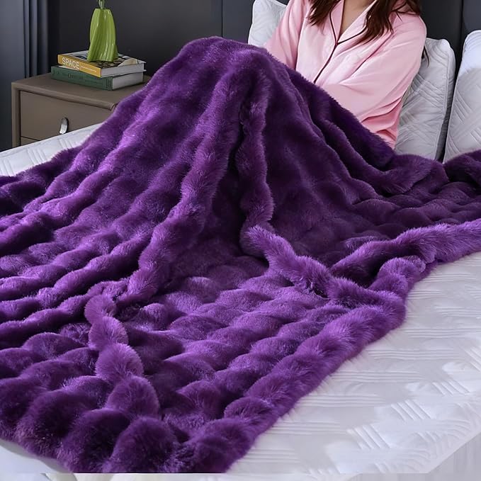 Fluffy Furry Purple Faux Fur Throw Blanket for Couch Bed 50x60 Fuzzy Bubble Soft Blanket for Adults Gift Home Living Room Decorative Decor 860 GSM