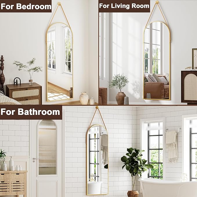 Full Length Mirror, Arched Wall Mounted Mirror, 47"x16" Door Mirrors with Hanging Leather Strap, Wall Mirrors Full Length with Aluminum Frame for Bathroom Living Room Entryway (Gold)